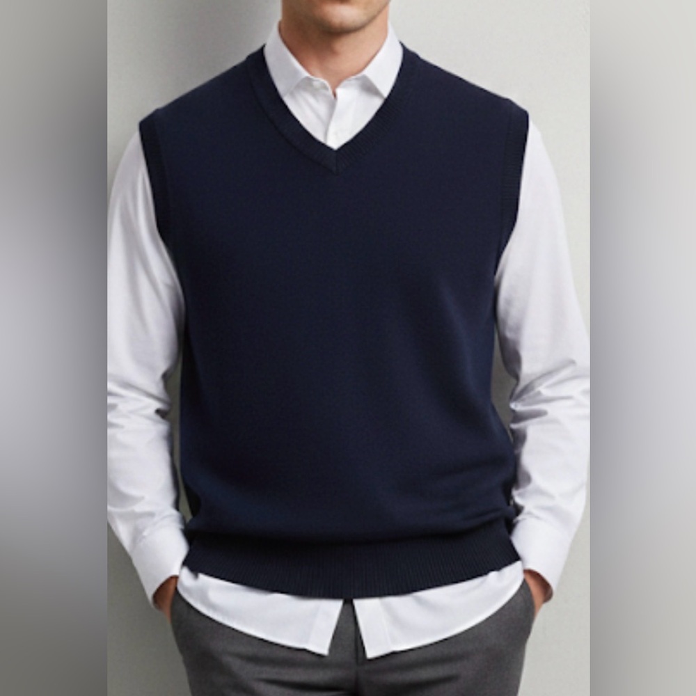 Zara Men’s Navy V-Neck Sweater Vest Size L Business Casual Preppy